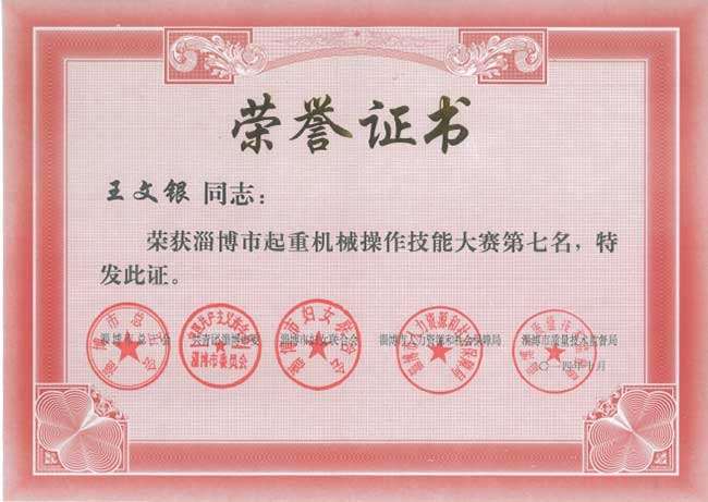 獲得淄博市起重機(jī)械操作技能大賽獎項